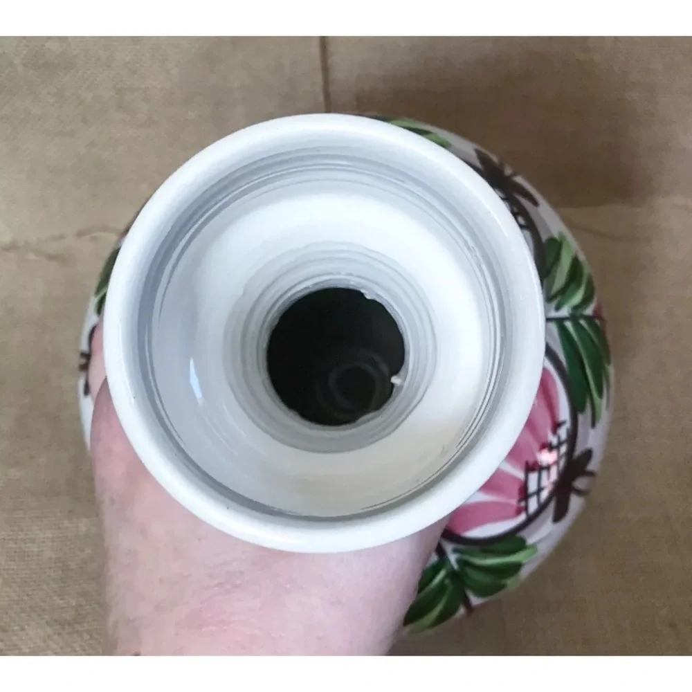 Hand Painted Bulbous Shabby Floral Vase Folk Art Pottery Cottage Core Colorful